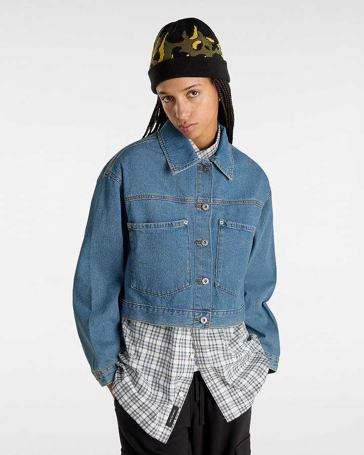 Casaco Vans Raynes Denim Crop Feminino Azuis | VN4258079